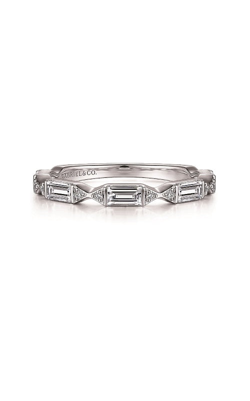 Silver band featuring alternating baguette and round cut diamonds in a shared prong setting.