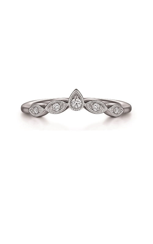 Silver band with a delicate, curved design featuring alternating pear-shaped and round diamonds. The band has a milgrain edge.