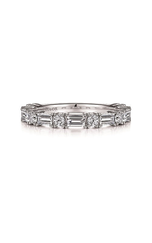 Silver band with alternating round and baguette diamonds on a white background.