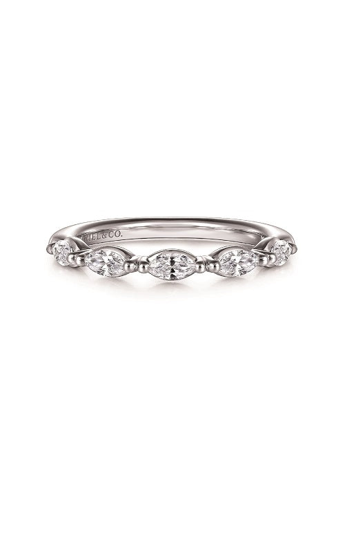 Silver band with five oval-shaped diamonds and smaller accent diamonds.