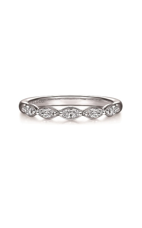 Silver band with five oval-shaped diamonds and smaller accent diamonds.