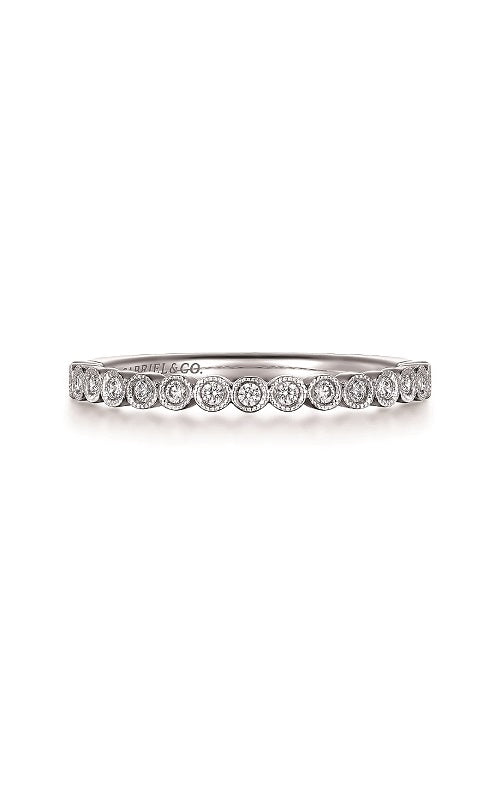 Silver band featuring a row of round diamonds in bezel settings, with milgrain detailing along the band.