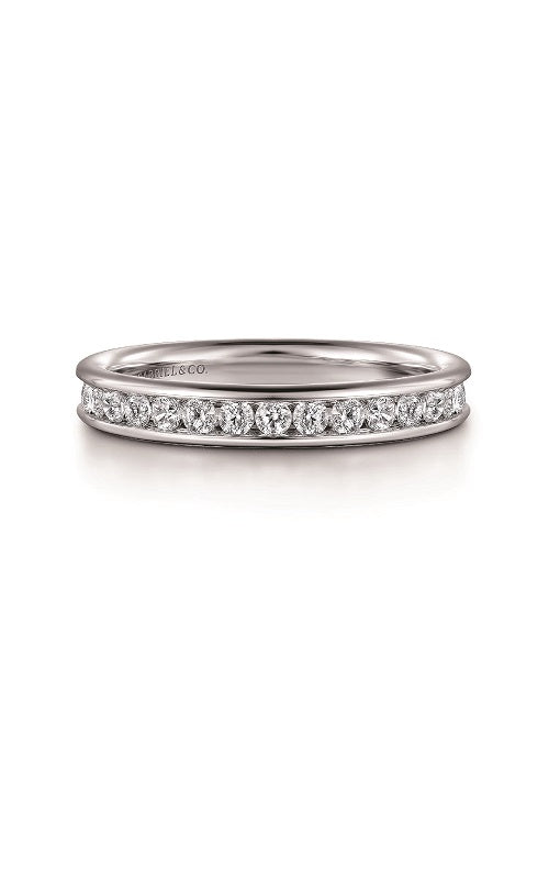 Silver ring with a diamond in channel setting  on a white background.