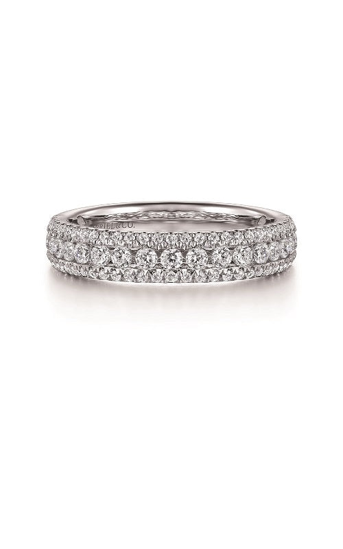 Silver ring with three rows of diamond bands on a white background.