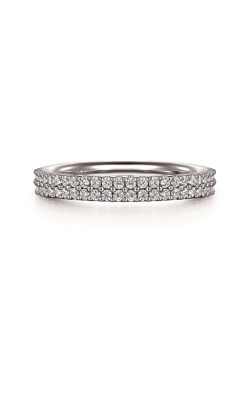 Silver ring with two rows of diamond bands on a white background.