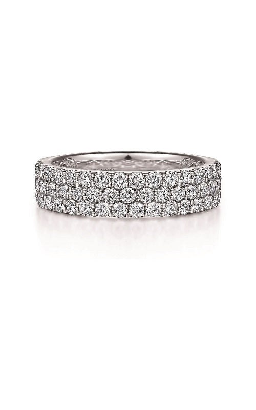 Silver ring with three rows of diamond bands on a white background.