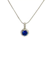 14K WHITE GOLD SAPPHIRE PENDANT WITH DIAMOND HALO  G15346