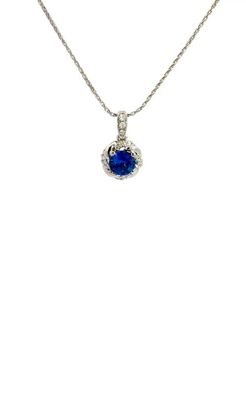 14K WHITE GOLD SAPPHIRE PENDANT WITH DIAMOND HALO  G15346