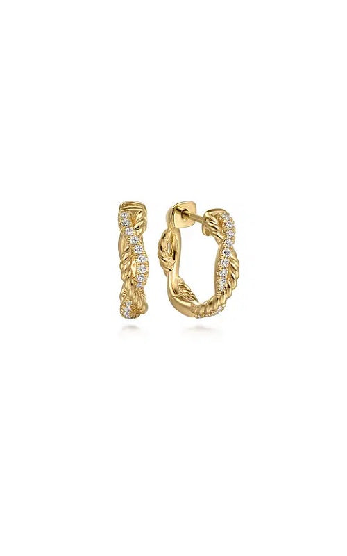 14K Yellow Gold Twisted Diamond And Rope 15mm Huggie Earrings  G15911