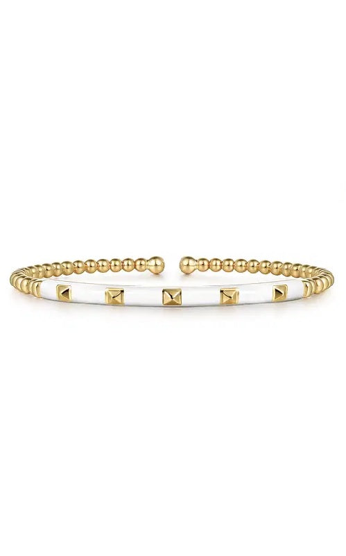 14K Yellow Gold Bujukan Beads and Pyramid Split Bangle with White Enamel  G15917