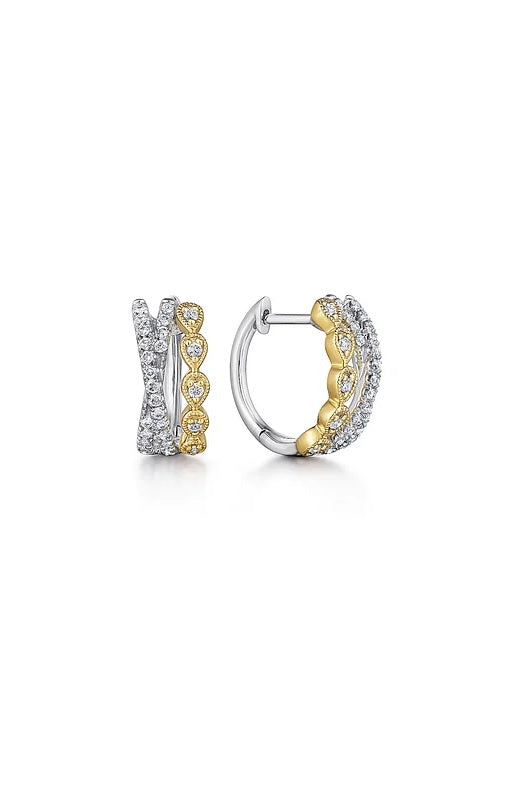 14K Yellow-White Gold Criss Cross 10mm Diamond Huggies Earrings  G16153
