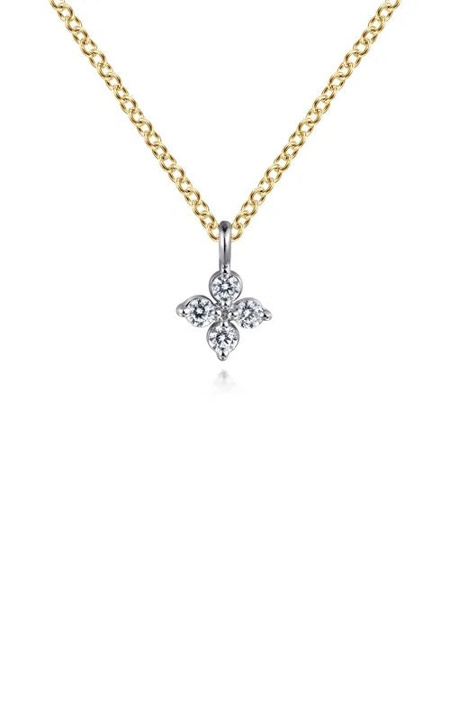 14K Yellow & White Gold Diamond Flower Shape Pendant Necklace  G16424
