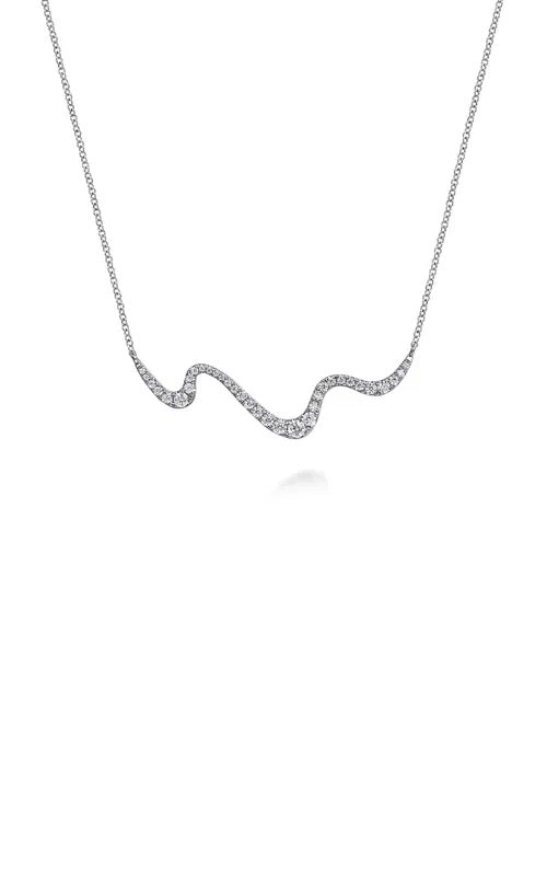 14K White Gold Graduating Diamond Wave Bar Necklace   G16428