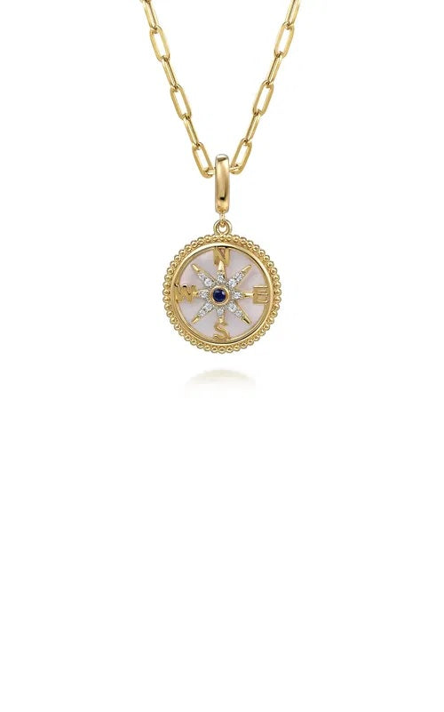 14K Yellow Gold Diamond & Blue Sapphire Compass Medallion Pendant G16429