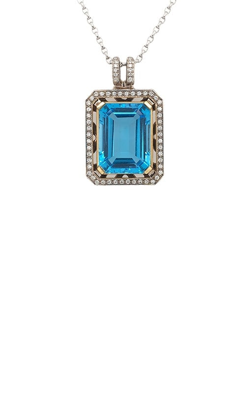 Rectangular blue topaz pendant with diamond halo, in a mix of gold and silver settings, on a silver chain.