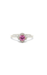 18K WHITE GOLD PINK SAPPHIRE FLOWER RING WITH DIAMOND HALO  G6128
