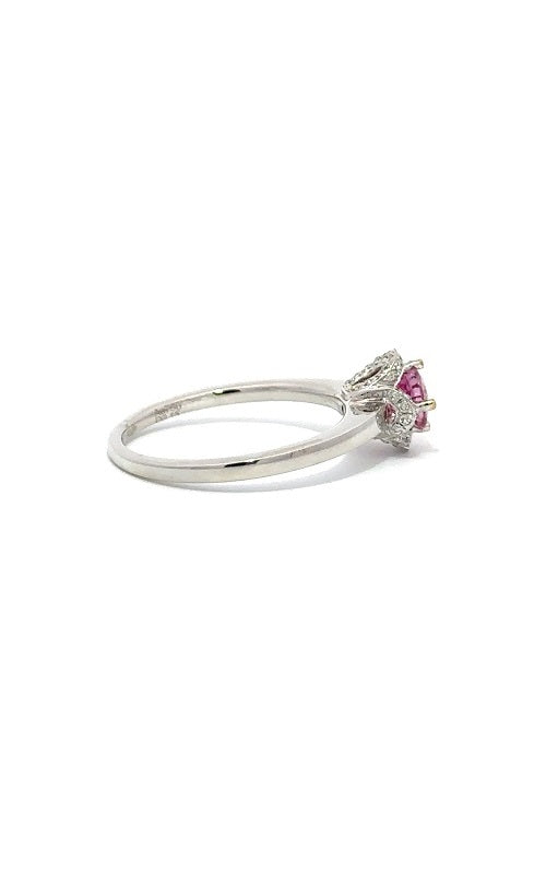 18K WHITE GOLD PINK SAPPHIRE FLOWER RING WITH DIAMOND HALO  G6128