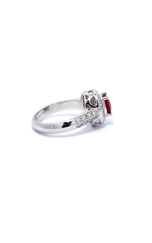 14K WHITE GOLD RUBY RING WITH HALO AND SIDE DIAMONDS  G7710