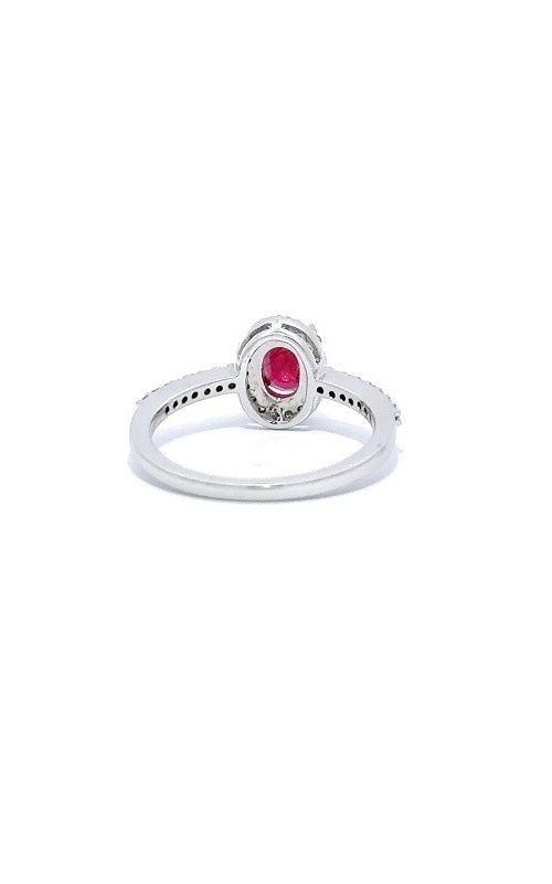 18K WHITE GOLD RUBY RING WITH HALO AND SIDE DIAMONDS  G7713