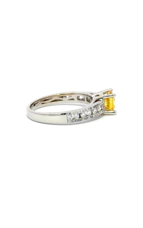 18K WHITE GOLD YELLOW SAPPHIRE RING WITH HALO AND SIDE DIAMONDS  G8208