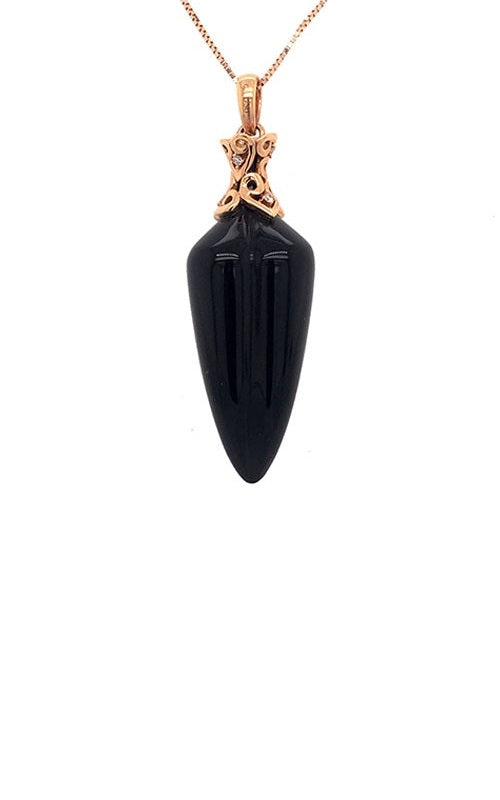 Black onyx dagger-shaped pendant with rose gold filigree setting and diamond accents.