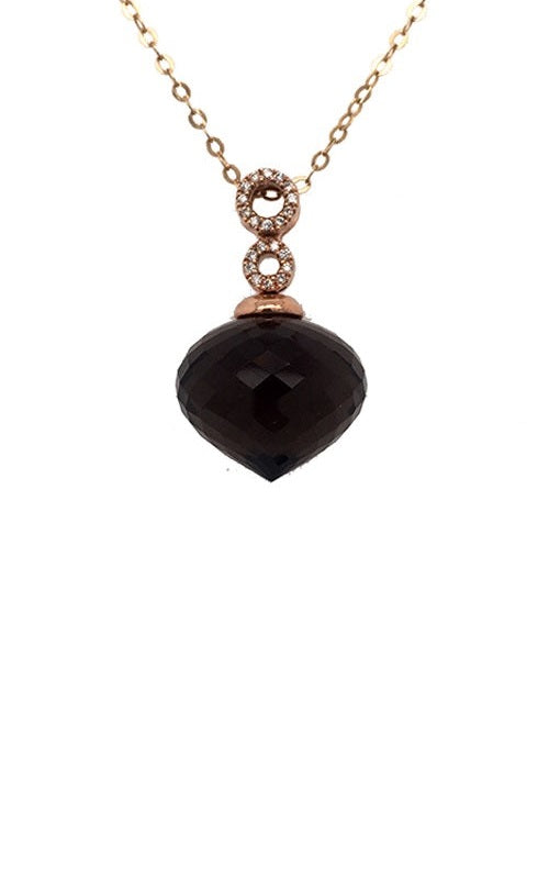 Rose gold pendant with a pear-shaped smokey quartz stone, accented with diamond circles.