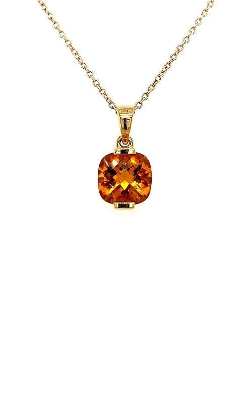 Gold necklace with a cushion-cut citrine pendant.