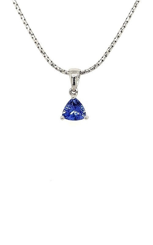 Silver chain necklace with a triangular blue sapphire pendant