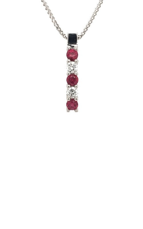 Silver vertical pendant with alternating round rubies and diamonds.