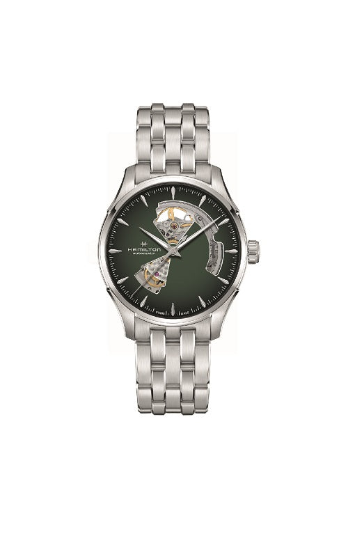 Hamilton with a green dial and stainless steel bracelet.