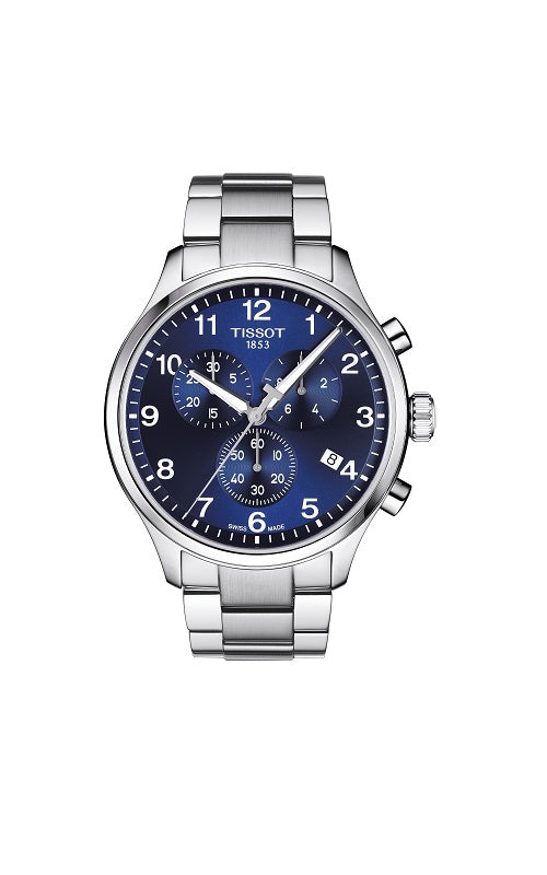 Tissot watch with a blue dial and a stainless steel strap