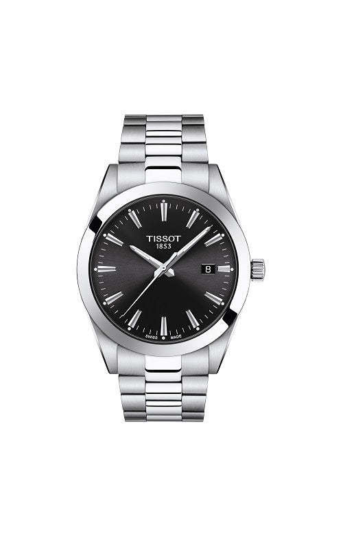 Tissot watch with a silver stainless steel bracelet and case.