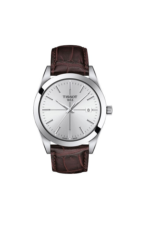 Silver Tissot has a brown leather strap.