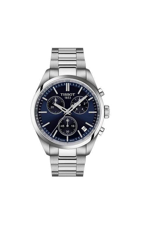 Silver Tissot  watch with a blue dial.