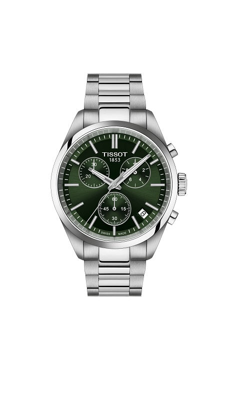 Silver Tissot watch with a green dial.