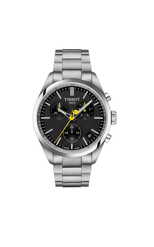 Silver Tissot watch with a yellow dial.