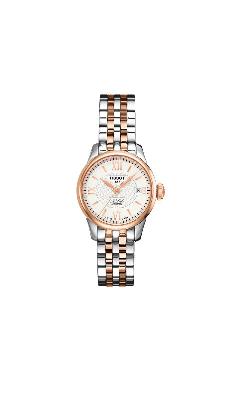 Tissot watch with a white mother-of-pearl dial and a two-tone stainless steel and rose gold bracelet.