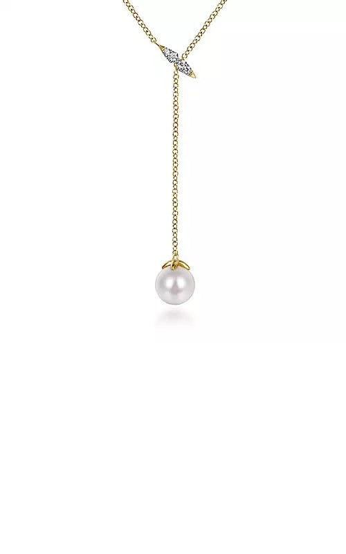 14K Yellow Gold Diamond Bar Y Necklace with Cultured Pearl Drop  G14831