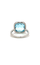 Back view of a silver ring with a large, oval-shaped blue topaz gemstone