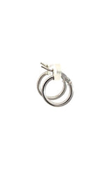 Pair of mini silver hoop earrings with a hinged closure.