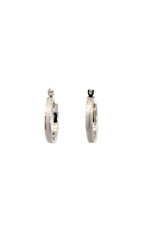 Pair of silver hoop earrings with a hinged closure.