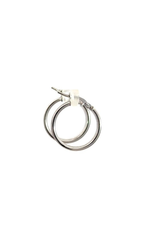 Pair of silver hoop earrings with a hinged closure.