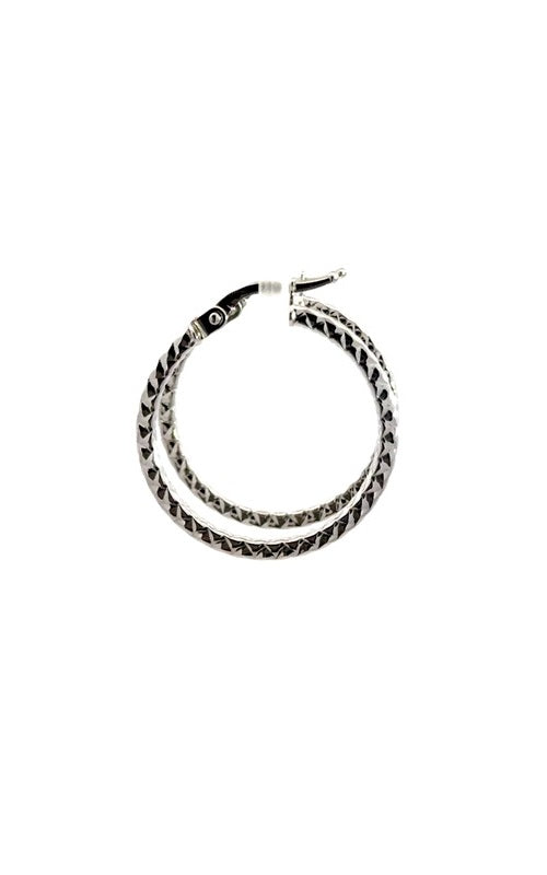 Pair of silver hoop earrings with a hinged closure.