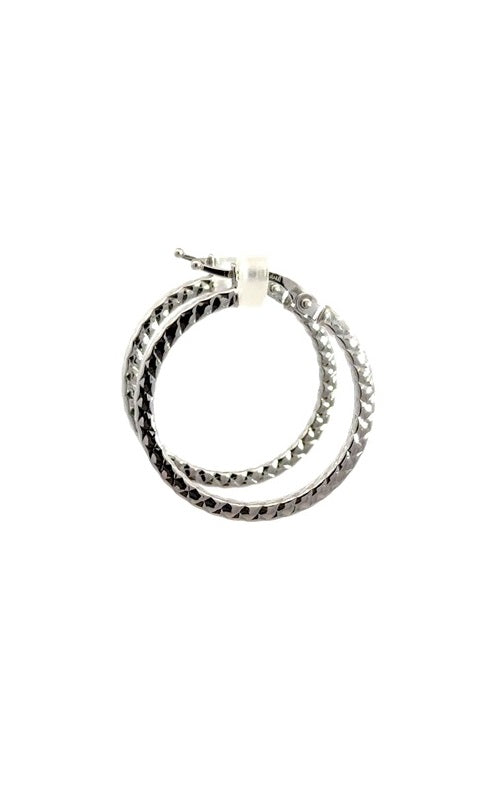 Pair of silver hoop earrings with a hinged closure.