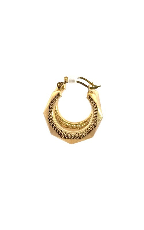 Pair of gold hoop earrings with a hexagonal shape and textured surface.