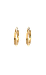 Pair of gold hoop earrings with a hexagonal shape and textured surface.