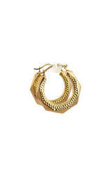 Pair of gold hoop earrings with a hexagonal shape and textured surface.