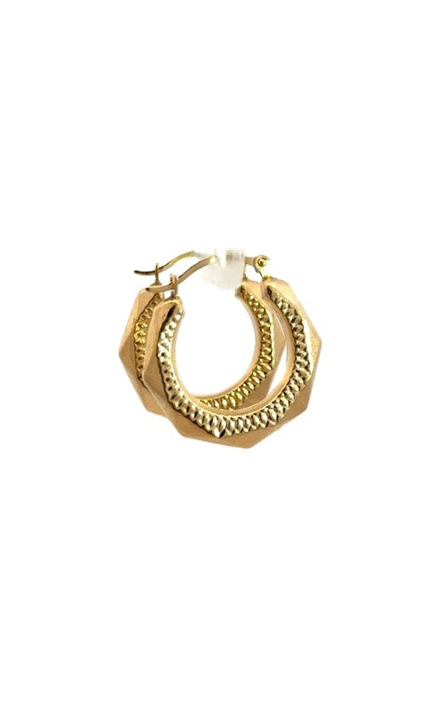 Pair of gold hoop earrings with a hexagonal shape and textured surface.