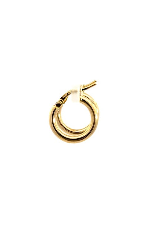 Pair of mini gold hoop earrings with a hinged closure.