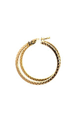 Pair of gold hoop earrings with a twisted, rope-like design.